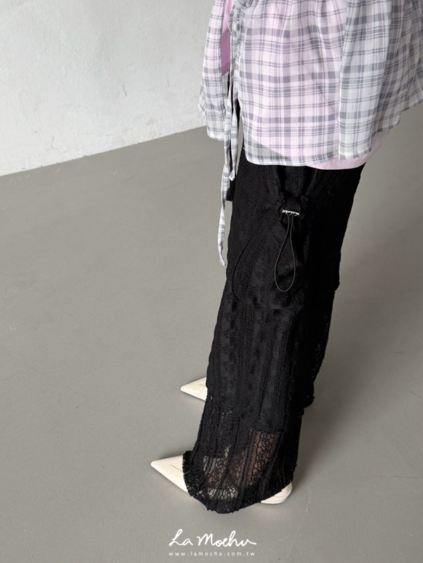 抽繩蕾絲拼接工作褲